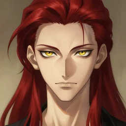 portrait of hisoka morow hunter hunter male thin lips small eyes very thin pursed lips extremely sharp jaw yellow eyes narrow narrow narrow almond eyes sultry eyes dark red hair soft hair slicked back crimson hair anime, madonna genderbend elegant, highly detailed, digital painting, artstation art by artgerm and greg rutkowski and alphonse mucha