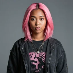 asian - african woman with pink - dyed hair wearing alternative clothing, 8 k, portrait