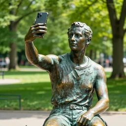 photo still of a bronze statue of a person using an iphone to take a selfie, park on a bright sunny day, 8 k 8 5 mm f 1 6, 4 6 5 2
