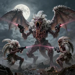 concept art of gargoyle attack, lovecraftian, lots of teeth, melting horror, fluffy feathers, round moon, rich clouds, fighting the horrors of the unknown with laser guns, high resolution, detailed