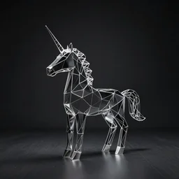 Minimalistic steel unicorn composed by polygons in a dark room