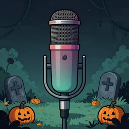 a vector diagram closeup astatic d 1 0 4 microphone. a detailed matte painting of a muted skullpunk vaporwave ombre. a small creepy garden at night with cross - shaped tombstone and pumpkins. detailed with strong clean lines.