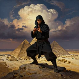 a dark orientalist close portrait of an egyptian / arabic style kung fu - monk with piercing eyes, in a fighting pose on top of a pyramid overlooking the ancient monumental egyptian ruin city at dusk under dramatic skies with billowing cumulus clouds, vertigo, wide - angle, painted by anders zorn, craig mullins