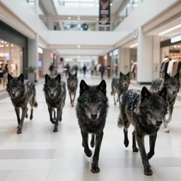 camera footage of a Several Feral Black Wolves with severe late stage rabies in an abandoned shopping mall, Wolves Running toward camera, It Follows :7 , high exposure, dark, monochrome, camera,  grainy, CCTV, security camera footage, timestamp, zoomed in, Creepy, Feral, fish-eye lens, Rabid, Dire Wolf, Nightmare Fuel, Wolf, Evil, Stalking, Bite, Motion Blur, horrifying, lunging at camera :4 Blood on floors, windows and walls :5