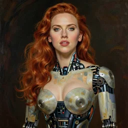 portrait of beautiful scarlet johansson with a robotic body painted by mucha, jean delville, william bouguereau