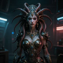 Cyberpunk medusa, dark atmosphere, cinematic shot, intricate, ornate, photorealistic, ultra detailed, realistic, 35mm, photography, neon, octane, high definition, depth of field, bokeh, 8k, artstation