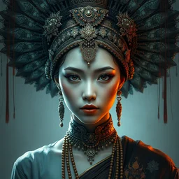 portrait of beautiful thai female model by irakli nadar with intricate detailed thai traditional headdress and clothing, haunting, elite, elegant, melting wax, mycelia, abstract impressionism, ruan jia, dark fantasy, hyper detailed, concept art, by gustav klimt,