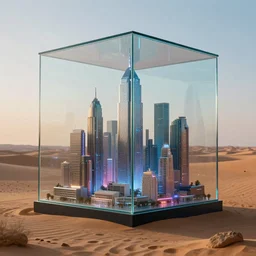 a huge glass box with a cyberpunk city hidden inside, in the desert, photo realism, f / 1. 9 6. 8 1 mm iso 4 0