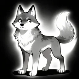 a cyberpunk anthropomorphic wolf with a fluffy tail, comic art, trending on furaffinity, cartoon, kawaii, backlighting, furry art!!!, black and white, concept art
