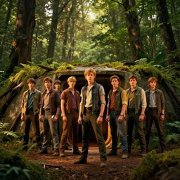 a group of teens standing before a bunker in the middle of a lush forest, sci - fi concept art, movie poster, dramatic lighting, cinematic framing, golden hour, classic film grain