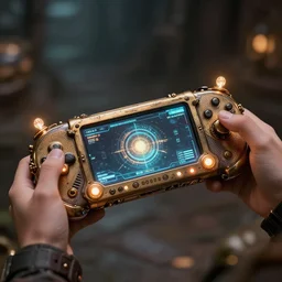 handheld steampunk console, glowing lights