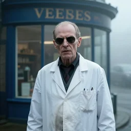 an ultra realistic colour cinematic headshot portrait of an evil scientist, stood outside a corner shop, foggy, colour, detailed, deep focus, movie still, dramatic lighting, by fay godwin