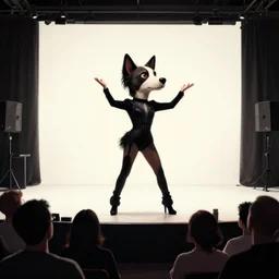 drag queen with head of a dog, performing on stage in front of audience, minimalism poster art