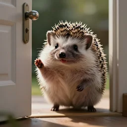 cute adorable hedgehog opening the door, waving, smiling, cute, hedgehog, by cyril rolando