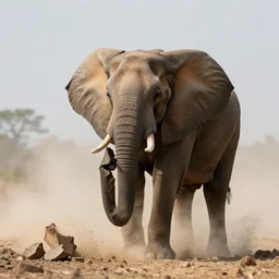 an elephant crumbles and turns into dust that disperses in the air, photorealistic