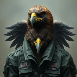 epic professional digital art of female human - eagle hybrid animal wearing air force jumpsuit, humanoid feathered head, eagle beak, painting, by iris van herpen, artgerm, leesha hannigan, artstation, cgsociety, wlop, epic, much wow, much detail, gorgeous, detailed, cinematic, masterpiece