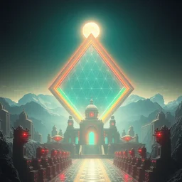 solid cube of light, hard edges, product render retro - futuristic poster scifi, lasers and neon circuits,! dream futuristic majestic solarpunk city, temples with one giant diamond structure and one giant sphere, bright sun digital painting, artstation, concept art, smooth, sharp focus, illustration, dreamlike, art by art germ