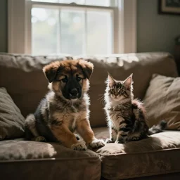 a gsd puppy and a maine coon kitten are next to each other on a comfy sofa under a bay window in a dim family room, a sunny afternoon lights the sofa, by leonid afremov, bokeh, dof, very detailed