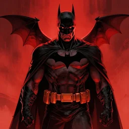 zombie batman, in the style of beksinski, red, black, glowing, vibrant, chiaroscuro, high detail, perfect artwork, clean lines