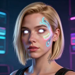 Linda Hamilton, neon face tattoo, cyberpunk background, straight hairstyle, white eyes, blonde hair, realistic render, short hair, unreal engine render, Icaro Carvalho