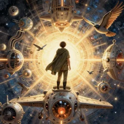 centered portrait of illustration, a person with a short cloak traveling in a space ship, bird, volumetric, awesome scheme, intrincate, art by jean giraud and moebius
