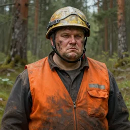 a russian railroad electrician!!!, male!!, wearing orange vest!! helmet, straps, siberian forest!!, portrait, dirty, fat, ugly, intricate, elegant, highly detailed, digital painting, artstation, concept art, wallpaper, smooth, sharp focus, illustration, art by artgerm and greg rutkowski and alphonse mucha