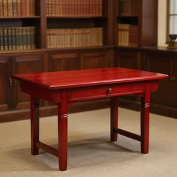 beautiful red - oak table with blurred out old fashioned rich library in the background, warmly - lit