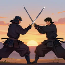 two samurai warriors in epic sword fight, sunset, artstation trending, illustration, high quality, dynamic, colorful