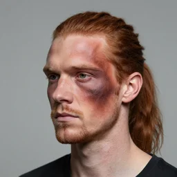 portrait, 30 years old man :: red hair ponytail :: burned face, rough, shirtless :: studio lights, white background, high detail, digital art, RPG, concept art, illustration