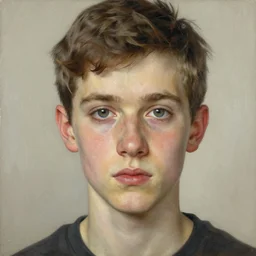 detailed portrait of a young shy man, by lucian freud, francis bacon, john chamberlain, willem de kooning, andreas franke, jean giraud, rob gonsalves, james gurney, james jean, ruan jia, gustav klimt