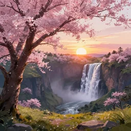 featured on artstation cherry tree overlooking valley waterfall sunset beautiful image stylized digital art variation
