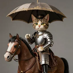 photographic portrait of a proud and fashionable antique cat puppet on a horse wearing armor and holding an umbrella