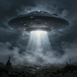 epic cinematic concept art of an ufo during an giant, cloudy, foggy, storm, night setting. realistic shaded concept art by greg rutkowski, radiant light, detailed and intricate environment, digital art, trending on art station, illustration
