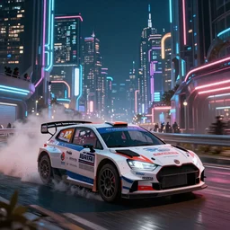 rally cars racing at futuristic city with neon lights and dust