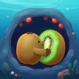 digital art of kiwi and gooseberry hugs underwater, in the mouth of an underwater volcano, art by makoto shinkai, ivan aivazovski, greg rutkowski, colorful, artgem artstation, disney, funny, colorful, romantic