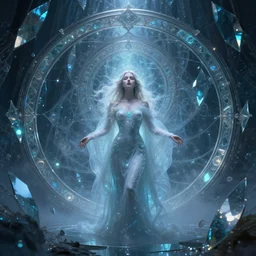 goddes of illusion, beautiful, stunning, breathtaking, mirrors, glass, magic circle, magic doorway, fantasy, mist, bioluminescence, fractal
