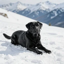 A black Labrador laying in the snow in the mountains, XF IQ4, 150MP, 50mm, F1.4, ISO 200, 1/160s, natural light