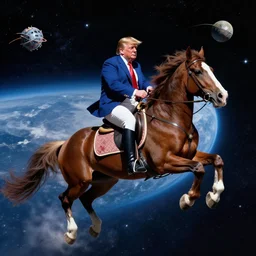 donald trump riding a horse in space, hd photo
