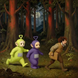 teletubbies chasing a man through a redwood forest at night, baroque period, oil on canvas, renaissance masterpiece.