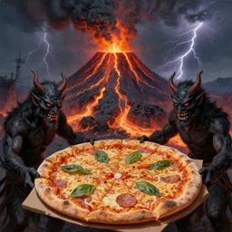 masked demons grabbing a large pizza!!!, in the background is a volcano spewing lava and black smoke, streams of glowing hot lava, flashes of lightning in the distance. wide angle, long shot, an ultrafine detailed painting by pierre - yves riveau, deviantart, pop surrealism