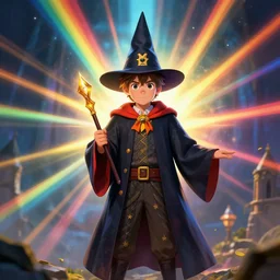 young 3 5 years old wizard surrounded by rainbow rays, 8 k photography, artstation