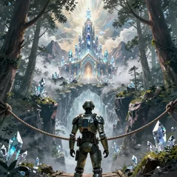 A comic book cover of an android soldier with back to the camera, in a forest made of crystal, looking across a vast chasm and old rope bridge. On the mountain facing him is a crystal temple with a tower glowing in the fog