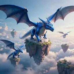 blue shiny dragons flying through floating islands, extreme cloud formations, uncanny, cinematic lighting, thomas cole, still from inside out, octane render, ray tracing, volumetric lighting, 4 k