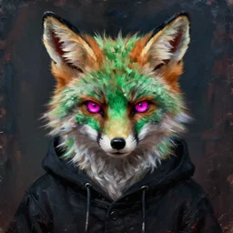 oil painting portrait of anthropomorphic female green fox animal dressed in black hoodie, fox animal, glowing magenta eyes, oil painting, angry