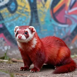 ( ( graffiti tag ) * ( furry fandom ) * ( ferret * weasel * stoat + red and black ) ) + ( ( smoke cloud ) + ( ( backing ) * brick wall ) )