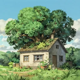 a house with a lot of trees on top of it, a detailed matte painting by hayao miyazaki, cgsociety, magical realism, anime aesthetic, anime, matte painting