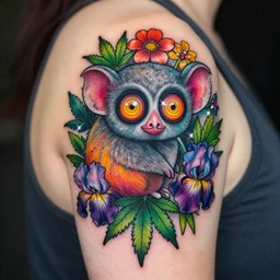 shoulder tattoo of a multicolored psychedelic cute galago, eyes are colorful spirals, surrounded with colorful sparkeling flowers and irisdescent marihuana leaves, insanely integrate