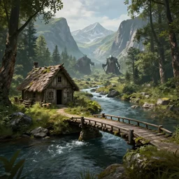 a shack in the woods near a river, little medieval bridge over river, two mordor in background,! river comes from between mountains!, realistic, octane render, ultra detailed, artstation award winner
