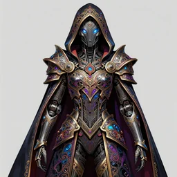 omnipotent treasure!! assassin, matte concept art, intricate linework, precious ornate hooded cybernetic!!! emissive gothic colorful dark colorful!! armor cloak!!!, clear focus, iridescent!! baroque crystals!!, glowing face, futuristic!, detailed realistic, raytracing colorful gems!!!, black opal, magical, realistic character art, wlop