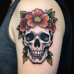 creative skull and flower tattoo design